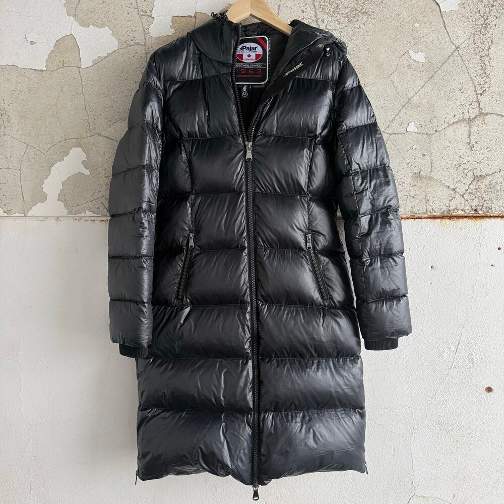 Pajar Canada Puffer Long Down Coat Women M Hooded Shiny Black Maxi Jacket Winter